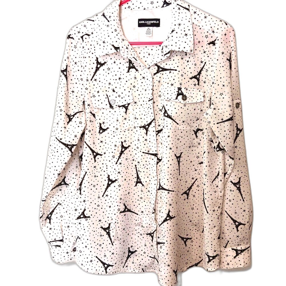 Karl Lagerfeld Paris Blouse Sz M Eiffel Tower Stars Print Button Front